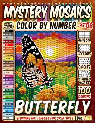 Раскраска по номерам Pipo Pixel — 100 сцен с бабочками, загадочная мозаика, 220 стр.