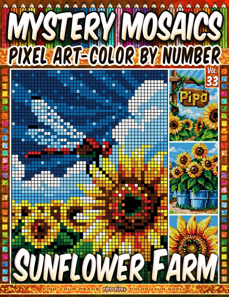Раскраска по номерам Pipo Pixel — Ферма подсолнухов, загадочная мозаика, пиксель-арт, Vol. 32, 112 стр.