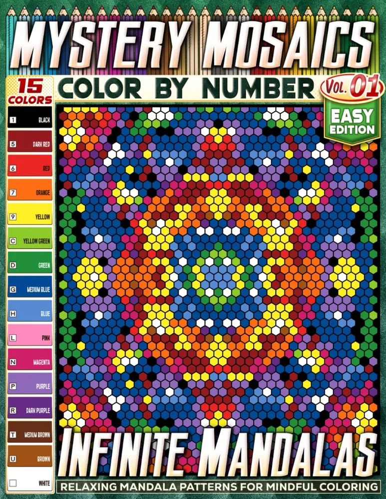 Раскраска по номерам Pipo Pixel — Бесконечные мандалы, лёгкий уровень, 15 цветов, Vol. 01, 110 стр.