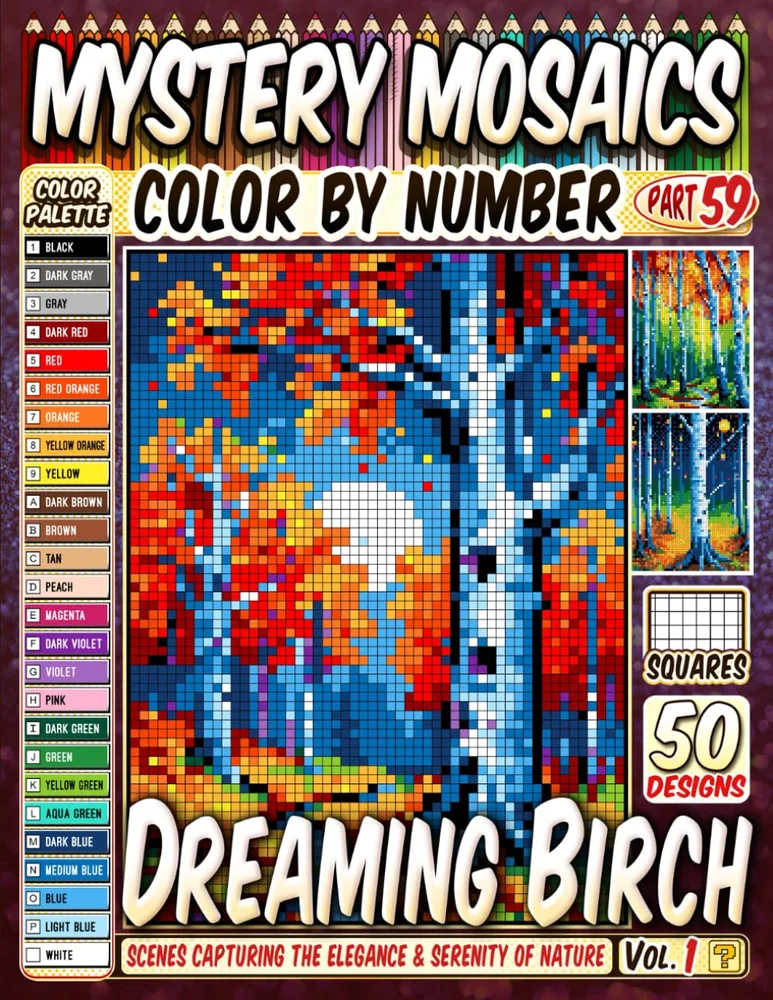 Раскраска по номерам Pipo Pixel — Берёзы, загадочная мозаика, пиксель-арт, 120 стр.