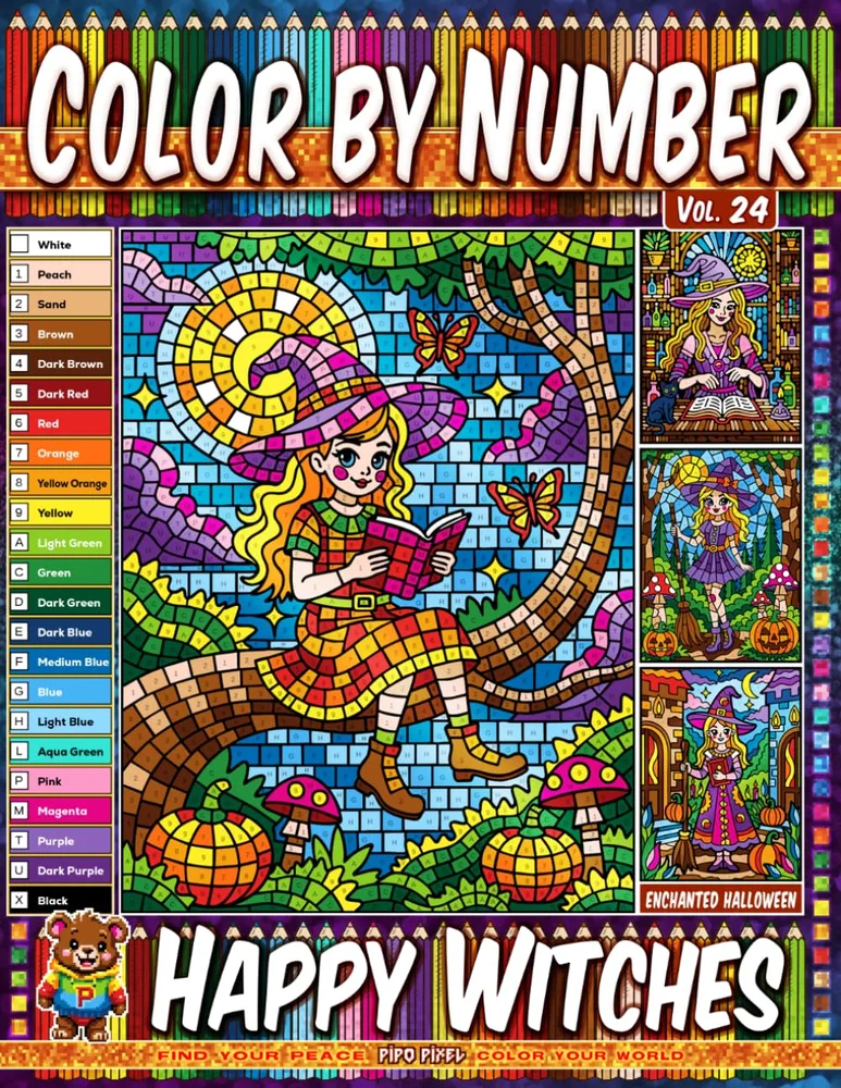 Раскраска по номерам Pipo Pixel — Весёлые ведьмочки, Хэллоуин, Vol. 24, 42 стр.