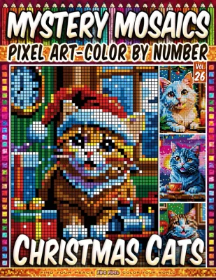 Раскраска по номерам Pipo Pixel — Рождественские котики, загадочная мозаика, пиксель-арт, Vol. 26, 112 стр.