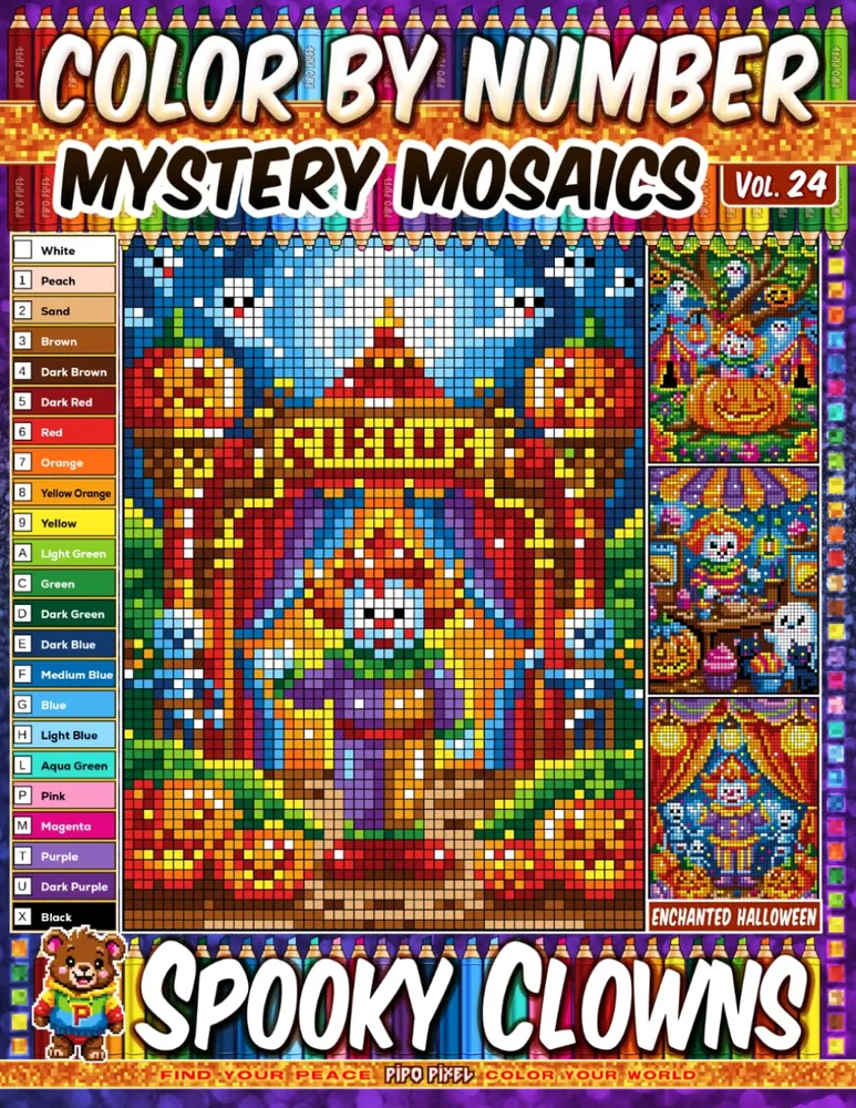 Раскраска по номерам Pipo Pixel — Жуткие клоуны, загадочная мозаика, пиксель-арт, Vol. 24, 42 стр.
