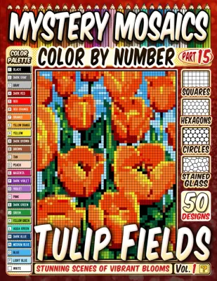 Раскраска по номерам Pipo Pixel — 50 тюльпановых полей, загадочная мозаика, 120 стр.