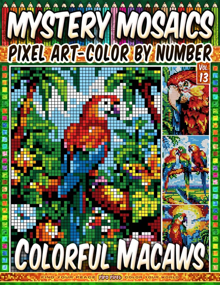 Раскраска по номерам Pipo Pixel — Яркие ара, загадочная мозаика, пиксель-арт, Vol. 13, 212 стр.