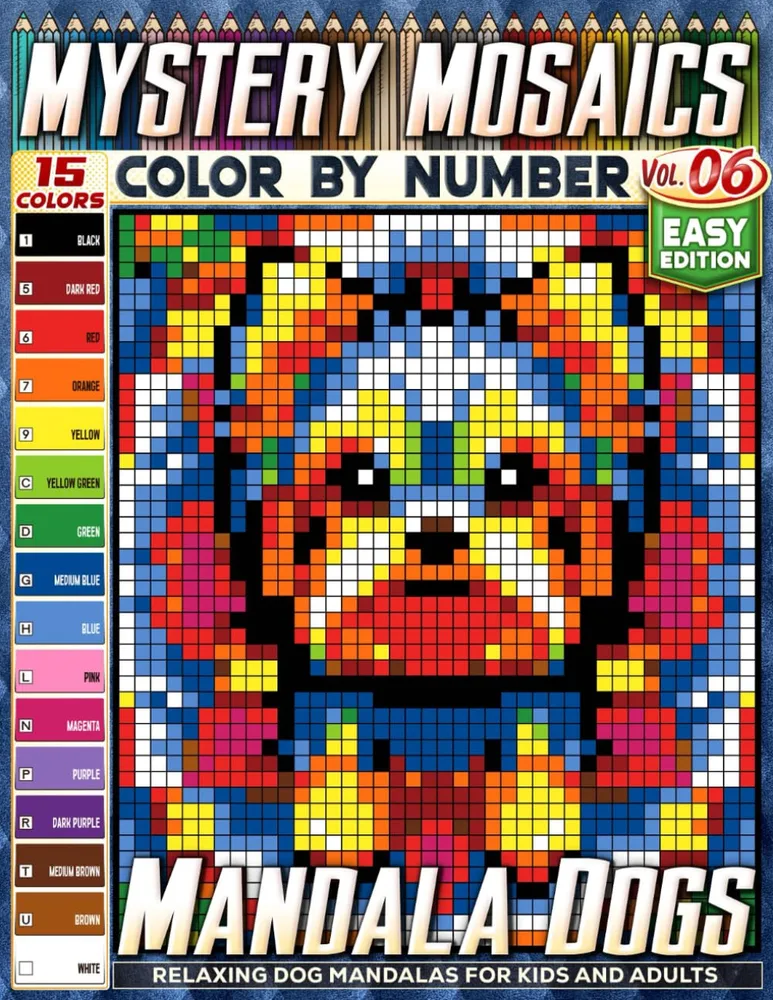 Раскраска по номерам Pipo Pixel — Мандалы с собаками, лёгкий уровень, Vol. 06, 110 стр.