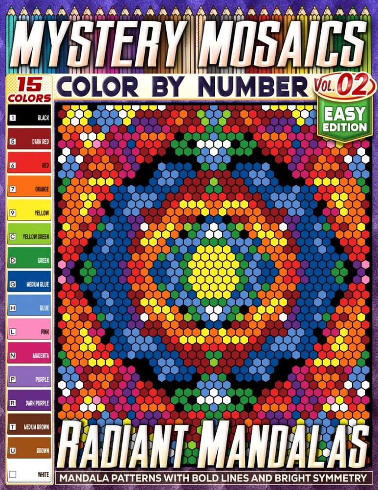 Раскраска по номерам Pipo Pixel — Сияющие мандалы, лёгкий уровень, 15 цветов, Vol. 02, 110 стр.