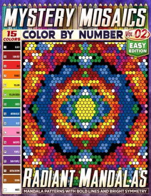 Раскраска по номерам Pipo Pixel — Сияющие мандалы, лёгкий уровень, 15 цветов, Vol. 02, 110 стр.