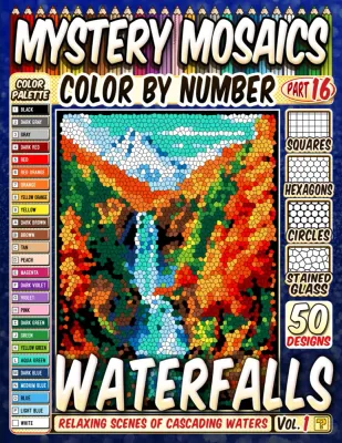 Раскраска по номерам Pipo Pixel — 50 величественных водопадов, загадочная мозаика, 120 стр.