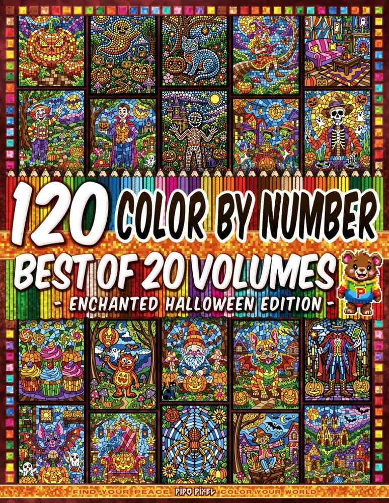 Раскраска по номерам Pipo Pixel — 120 лучших хэллоуинских рисунков из 20 книг серии Enchanted Halloween, 250 стр.