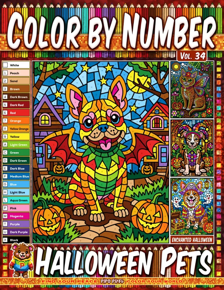 Раскраска по номерам Pipo Pixel — Хэллоуинские питомцы: щенки и котята, Vol. 34, 42 стр.
