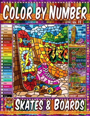 Раскраска по номерам Pipo Pixel — Скейты и ролики, летний выпуск, Vol. 15, 42 стр.