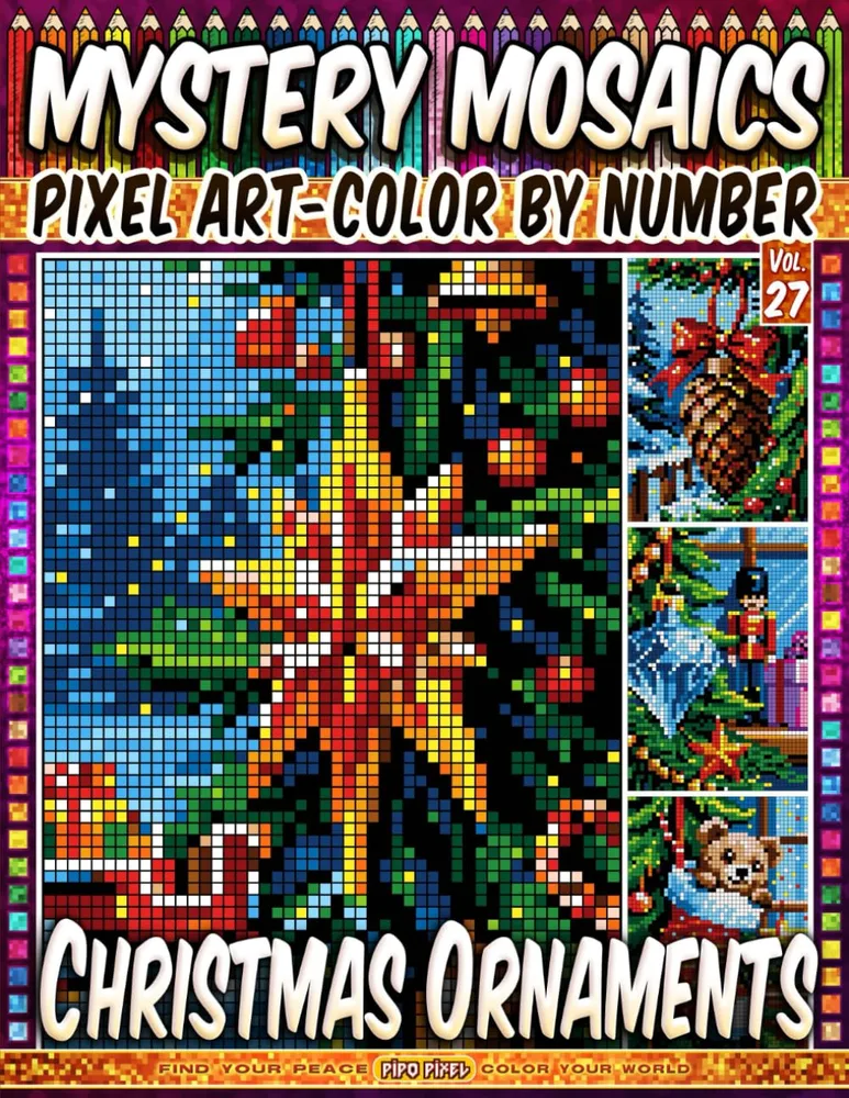 Раскраска по номерам Pipo Pixel — Ёлочные игрушки, загадочная мозаика, пиксель-арт, Vol. 27, 112 стр.