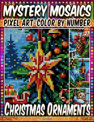 Раскраска по номерам Pipo Pixel — Ёлочные игрушки, загадочная мозаика, пиксель-арт, Vol. 27, 112 стр.