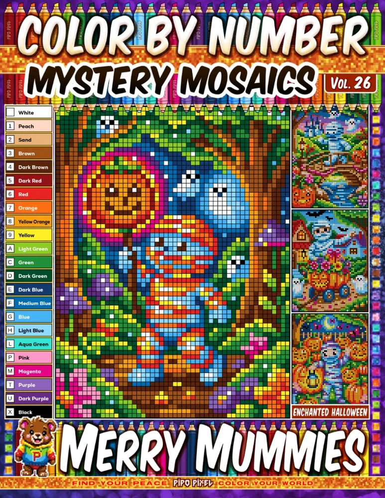 Раскраска по номерам Pipo Pixel — Весёлые мумии, загадочная мозаика, пиксель-арт, Vol. 26, 42 стр.