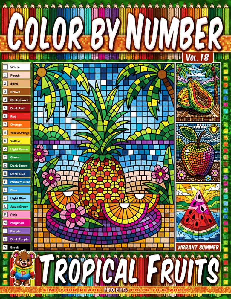 Раскраска по номерам Pipo Pixel — Тропические фрукты, летний выпуск, Vol. 18, 42 стр.