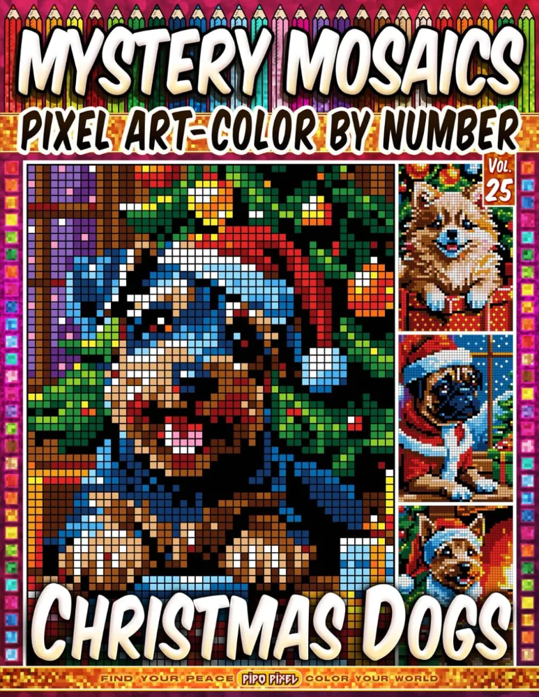 Раскраска по номерам Pipo Pixel — Рождественские собаки, загадочная мозаика, пиксель-арт, Vol. 25, 112 стр.