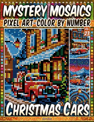 Раскраска по номерам Pipo Pixel — Рождественские машины, загадочная мозаика, пиксель-арт, Vol. 23, 112 стр.