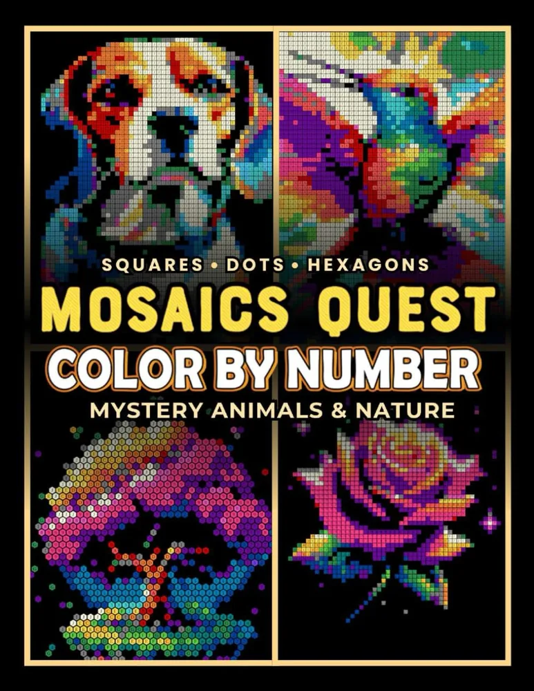 Раскраска по номерам Pixel Art Books — Mosaics Quest: загадочные животные и природа, квадраты, круги и шестиугольники, 106 стр.