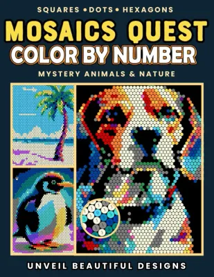 Раскраска по номерам Pixel Art Books — Mosaics Quest: загадочные животные и природа, квадраты, круги и шестиугольники, арт. B0F63NCF5X, 106 стр.