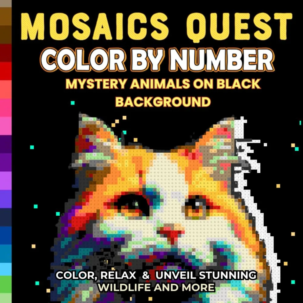 Раскраска по номерам Pixel Art Books — Mosaics Quest: загадочные животные на чёрном фоне, 96 стр.