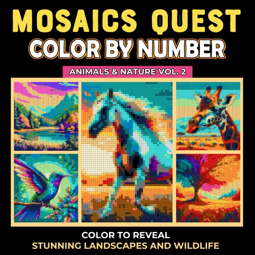 Раскраска по номерам Pixel Art Books — Mosaics Quest: животные и природа, загадочный пиксель-арт, Vol. 2, 96 стр.