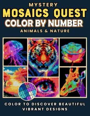 Раскраска по номерам Pixel Art Books — Mystery Mosaics Quest: животные и природа, пиксель-арт, 106 стр.