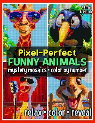 Раскраска по номерам Raya Jewel — Pixel-Perfect: забавные животные, загадочная мозаика, 92 стр.