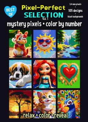 Раскраска по номерам Raya Jewel — Pixel-Perfect Selection, 105 загадочных рисунков на чёрном фоне, Vol. 1, 216 стр.