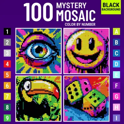 Раскраска по номерам Celeste Starling — Загадочная мозаика Vibrant Color Quest, пиксель-арт на чёрном фоне, 207 стр.