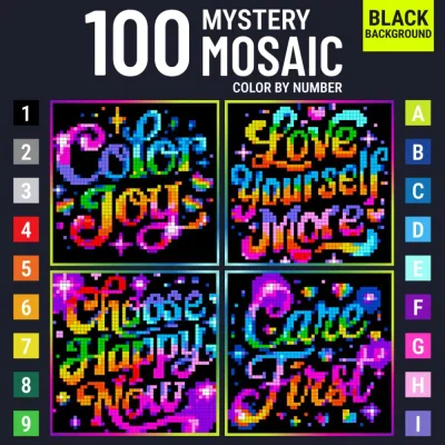 Раскраска по номерам Celeste Starling — Загадочная мозаика Neon Words, неоновые цитаты на чёрном фоне, 207 стр.