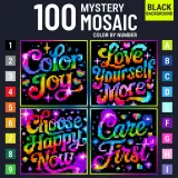 Раскраска по номерам Celeste Starling — Загадочная мозаика Neon Words, неоновые цитаты на чёрном фоне, 207 стр. — фото 1