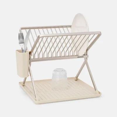 Сушилка для посуды складная Brabantia SinkSide Small, до 13 тарелок, поддон и съёмная корзинка для приборов, бежевая Soft Beige