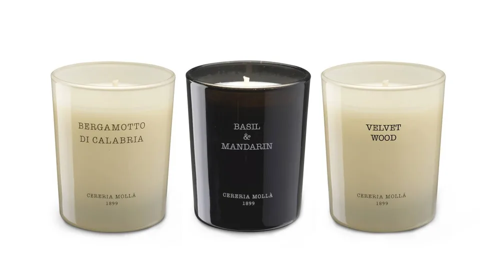 Набор из 3 маленьких ароматических свечей Cereria Molla Boutique Bergamotto di Calabria, Basil & Mandarin, Velvet Wood