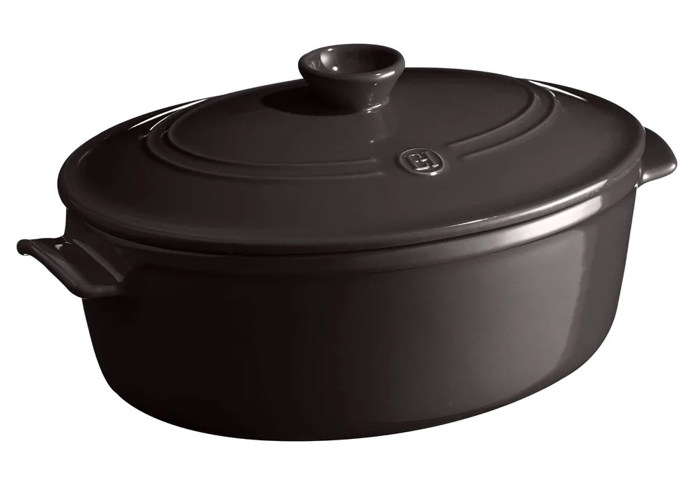 Кастрюля овальная керамическая Emile Henry Flame с крышкой, 39,5 x 26,5 x 18,5 см, чёрная