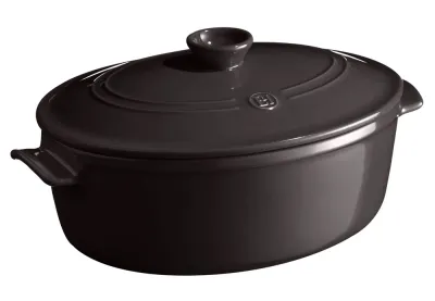 Кастрюля овальная керамическая Emile Henry Flame с крышкой, 39,5 x 26,5 x 18,5 см, чёрная