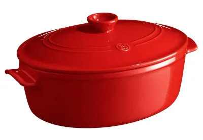 Кастрюля овальная керамическая Emile Henry Flame с крышкой, 39,5 x 26,5 x 18,5 см, красная