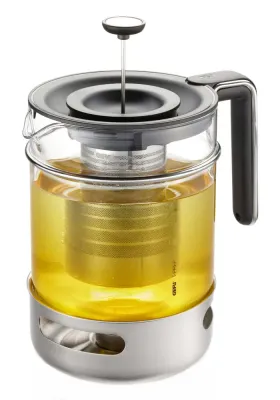 Заварочный чайник с подогревателем GEFU T-PREP 1500 мл, поршень Brew-Stop, прозрачный, серебристый, чёрный