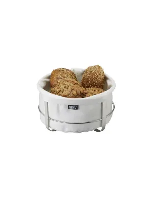Корзинка для хлеба GEFU BRUNCH, полированная сталь и хлопковый мешок, диаметр 22 см, белая