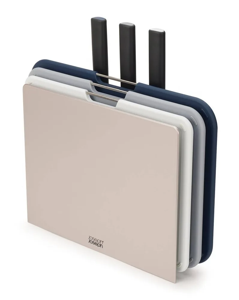 Набор для нарезки Joseph Joseph Nest Boards Plus, 6 предметов: 3 доски, 3 ножа и стойка, синий, серый