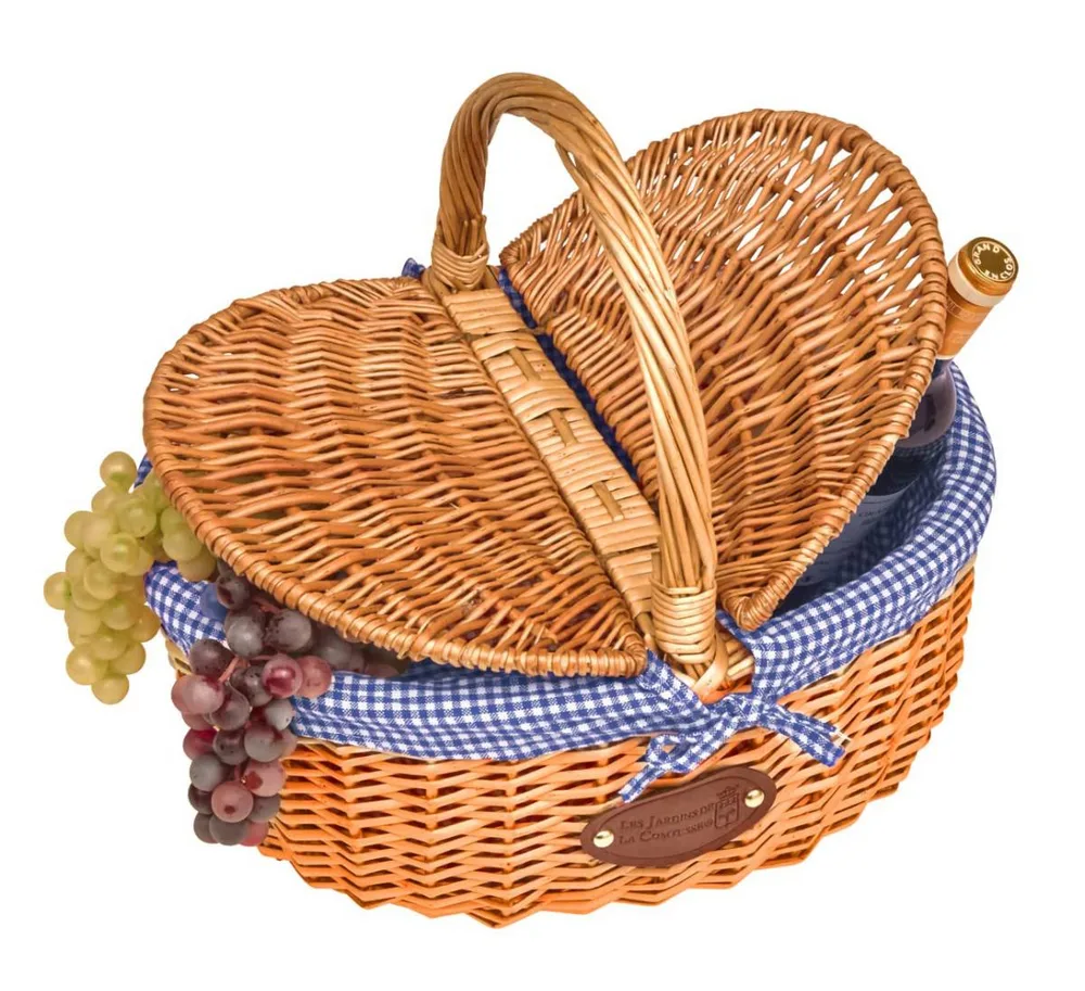 Корзина для пикника Les Jardins de la Comtesse Campagne Blue Gingham плетёная, с двойной крышкой, 40 × 31 × 40 см, синяя клетка
