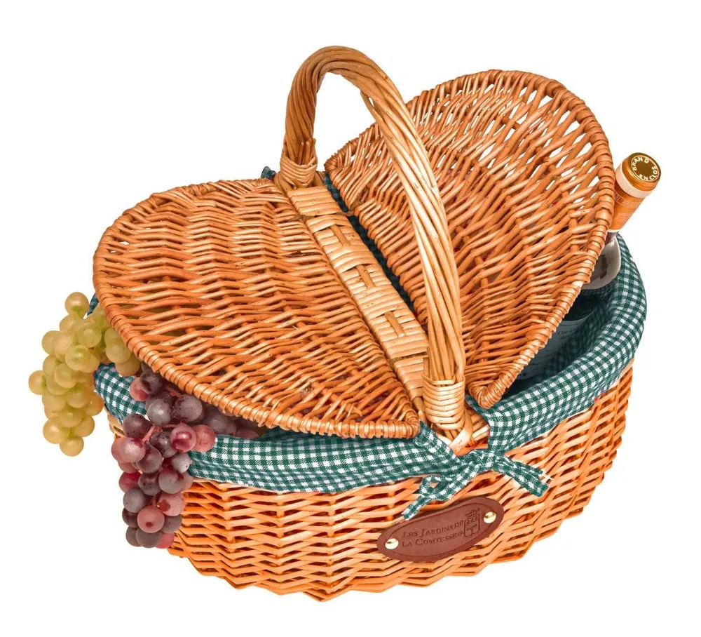Корзина для пикника Les Jardins de la Comtesse Campagne Green Gingham плетёная, с двойной крышкой, 40 × 31 × 40 см, зелёная клетка