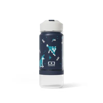 Термобутылка детская Monbento Twisty Blue Wolf с трубочкой и отсеком для перекуса, 0,42 л, синяя