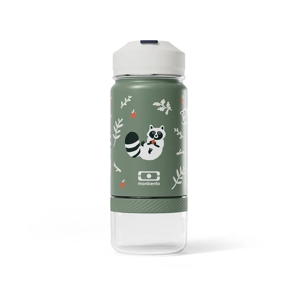 Термобутылка детская Monbento Twisty Green Raccoon с трубочкой и отсеком для перекуса, 0,42 л, зелёная