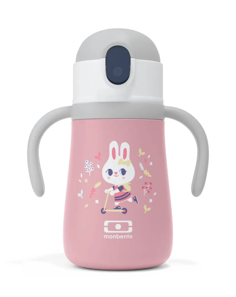 Бутылка детская изолированная Monbento Stram Bunny 360 мл, розовая, с зайчиком, трубочкой и ручкой, от 4 лет