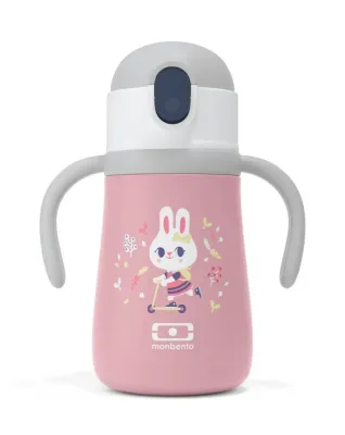 Бутылка детская изолированная Monbento Stram Bunny 360 мл, розовая, с зайчиком, трубочкой и ручкой, от 4 лет