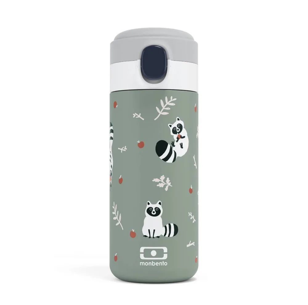 Термобутылка детская Monbento Pop Raccoon 0,36 л, зелёная, с енотами, спортивная крышка