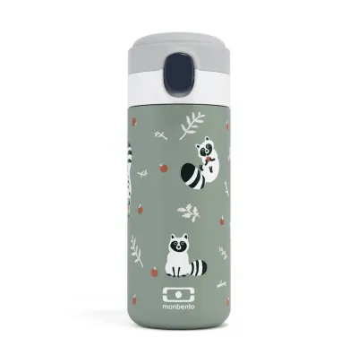 Термобутылка детская Monbento Pop Raccoon 0,36 л, зелёная, с енотами, спортивная крышка