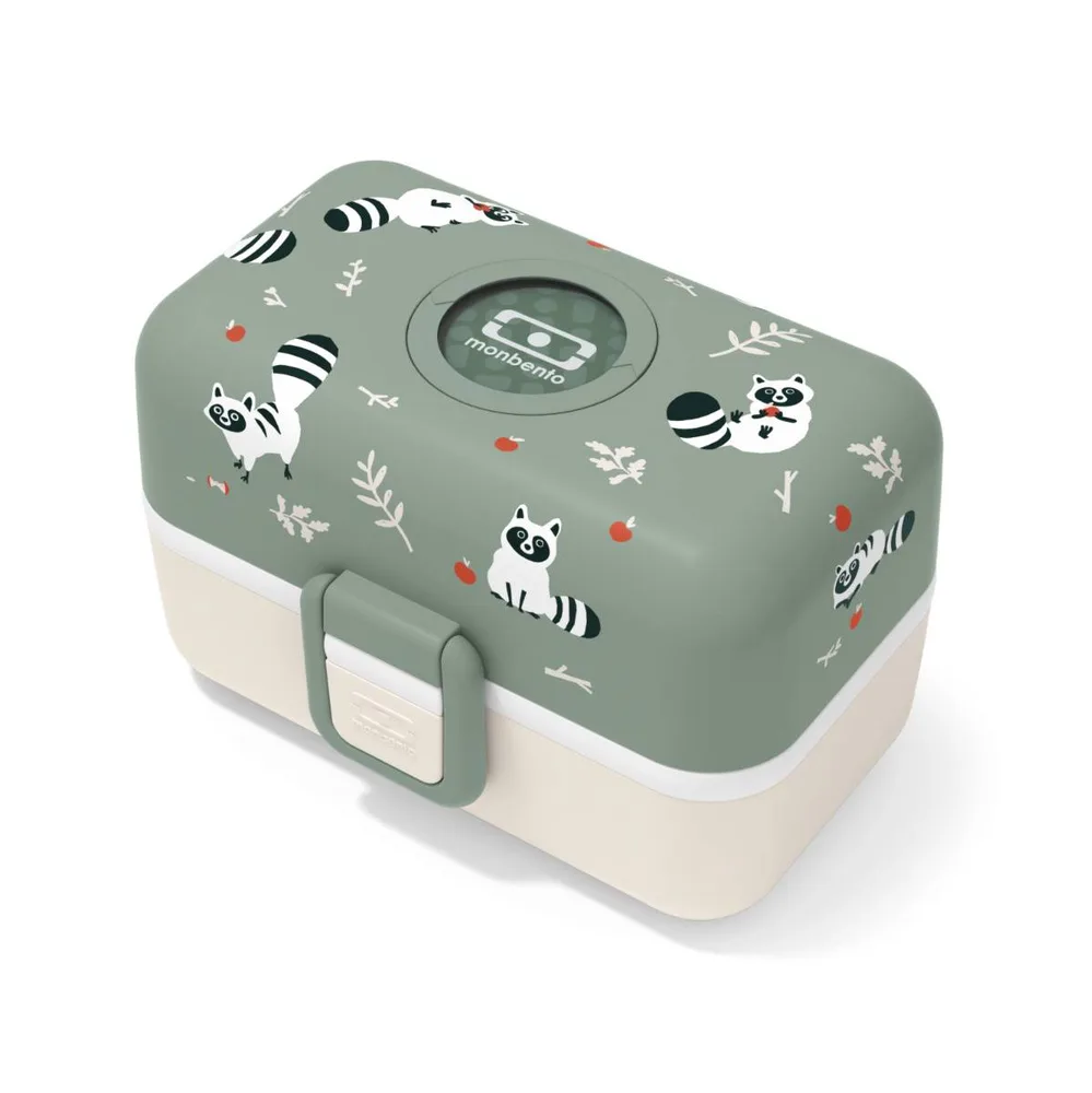 Ланч-бокс детский Monbento Tresor Graphic Raccoon 0,8 л, три контейнера, зелёный с кремовым