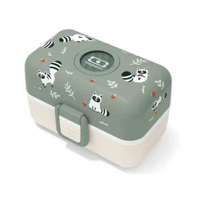 Ланч-бокс детский Monbento Tresor Graphic Raccoon 0,8 л, три контейнера, зелёный с кремовым